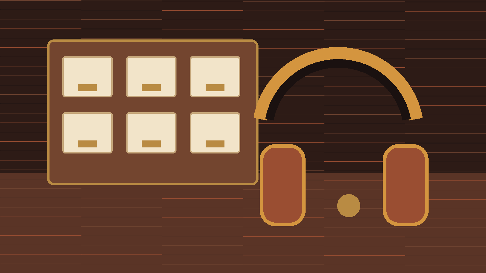 Vintage headphones beside a blank library card catalog on a walnut table