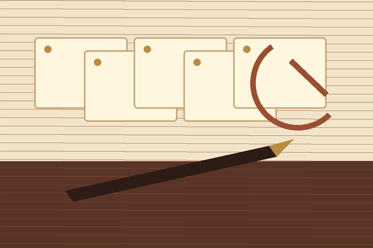 Blank catalog cards, a fountain pen, and brass dividers arranged for audiobook notes
