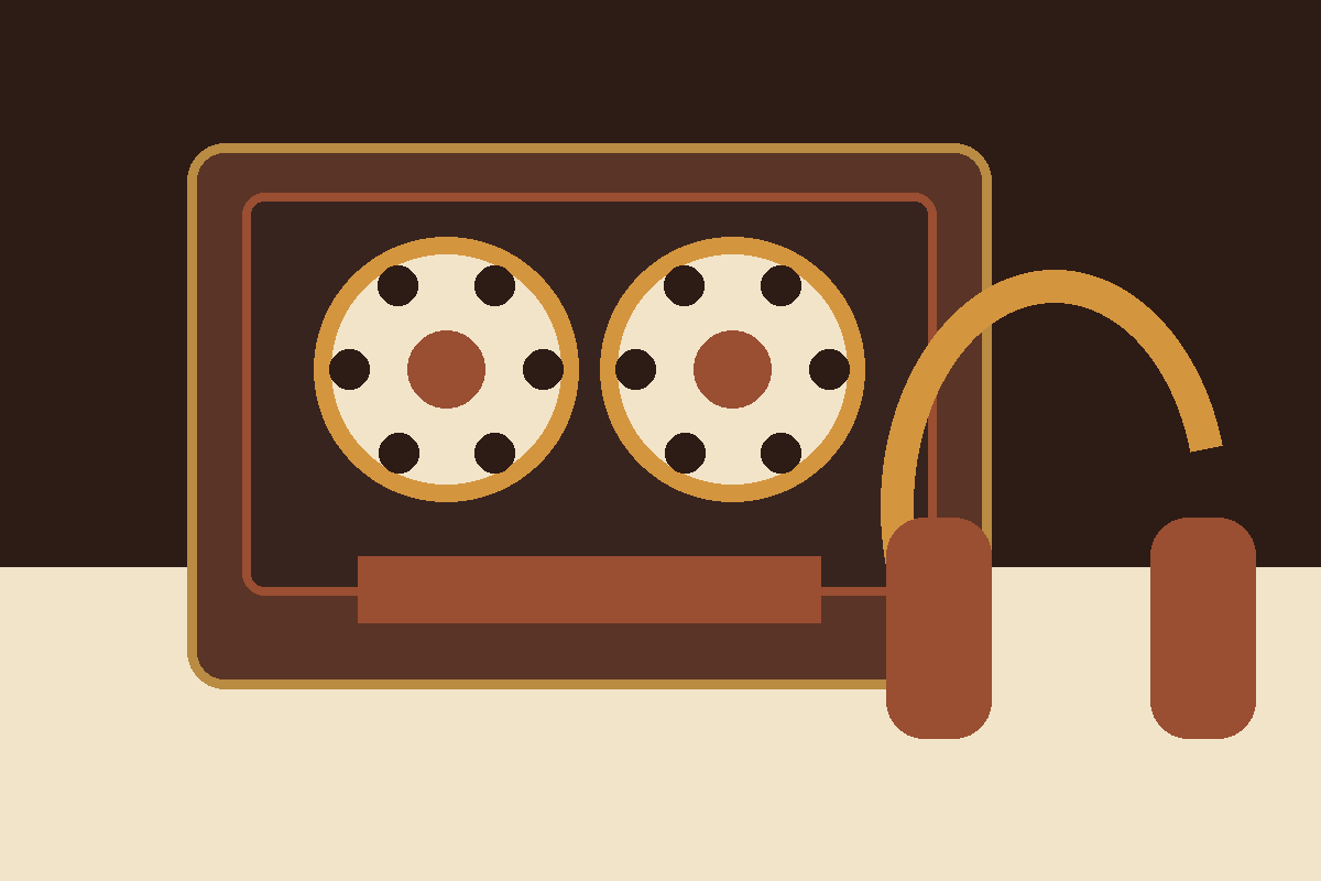 Retro reel-to-reel recorder and headphones in a warm listening room